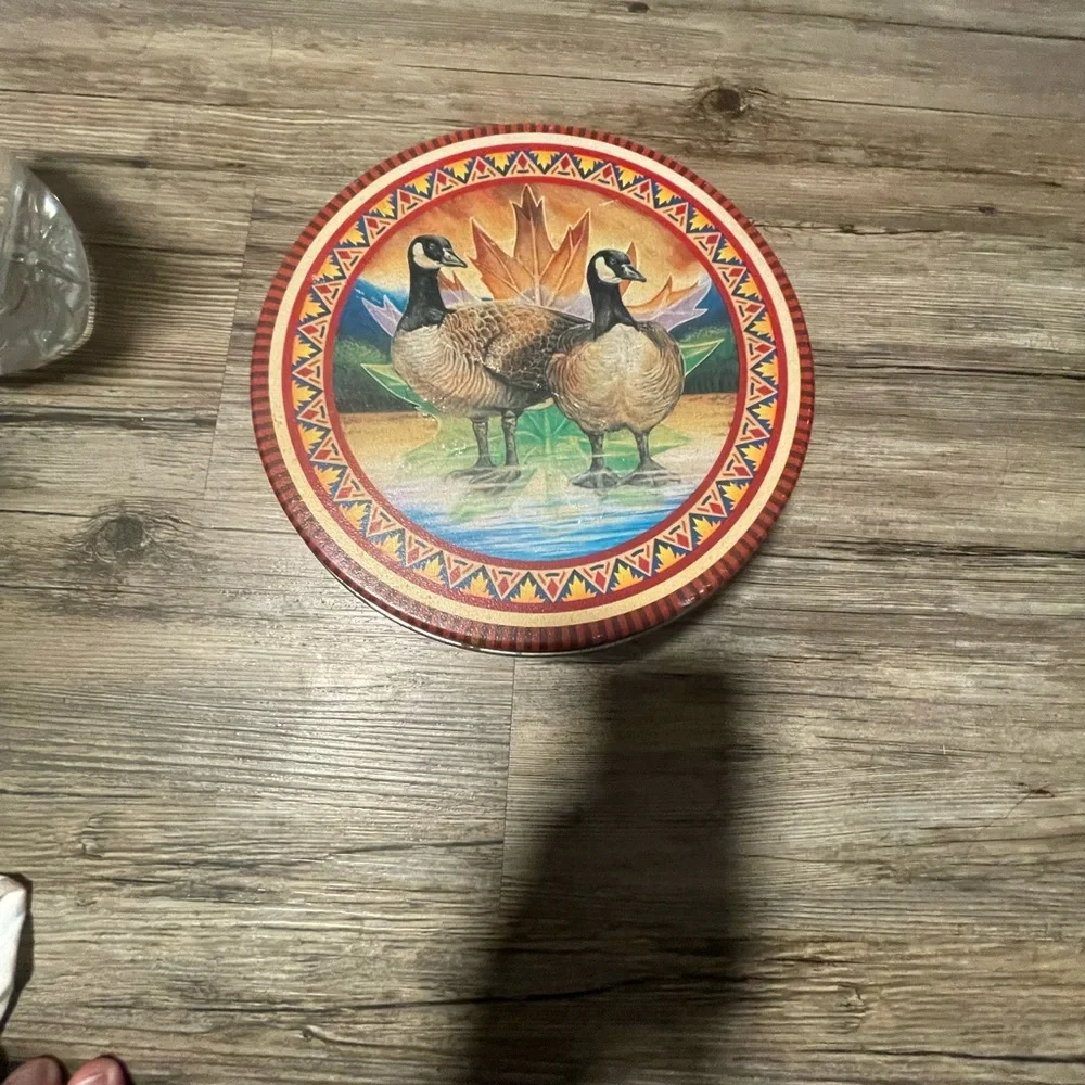 Decorative Round Vintage Metal Tin with Geese
